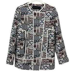 Zara Basic Patchwork Motorcycle Longline Blazer Jacket sz XS Tapestry Jacquard